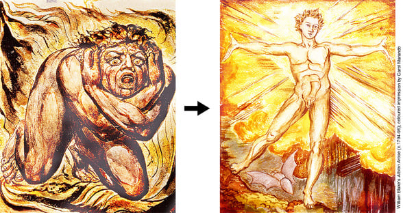 William Blake’s painting ‘Cringing in Terror’ with arrow to his painting ‘Albion Arose’