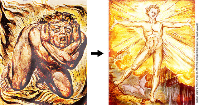 William Blake’s paintings ‘Cringing in Terror’ and ‘Albion Arose’ depict the human condition