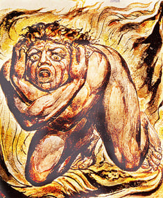 The painting, Cringing in Terror by William Blake, of a naked and crouched figure embracing himself in a fiery hell.