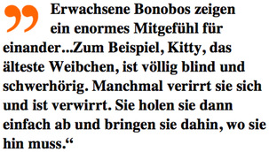 Quote from Zookeeper Barbara Bell about Bonobos’ compassion. German translation.
