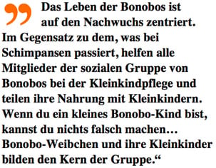 Bonobo quote by Sue Savage-Rumbaugh about the central role of nurturing in bonobo society. German translation.