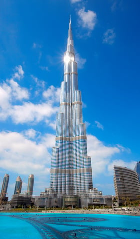 Burj Khalifa in Dubai is the world’s tallest skyscraper at 830 metres high towers above the city scape