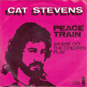Cat Stevens in silhouette black on pink and the text ‘Where do the children play’ on his 1971 ‘Peace Train’ album cover