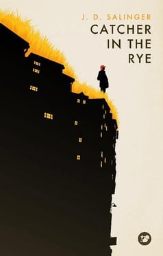Front cover of the book ‘Catcher in the Rye’ with a solitary figure in a red cap standing on a cliff made of apartments