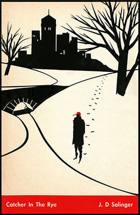 Front cover of book ‘Catcher in the Rye’ with a solitary figure in a red cap walking in a city park in the snow