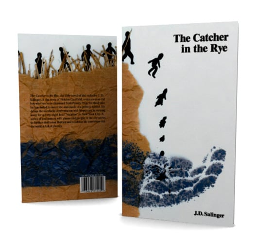 Book cover of ‘The Catcher in the Rye’ with a giant hand catching a procession of children who are falling off a cliff