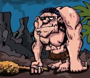 Cartoon stereotying Cavemen as brutish, dumb, knuckle-dragging, and club wielding