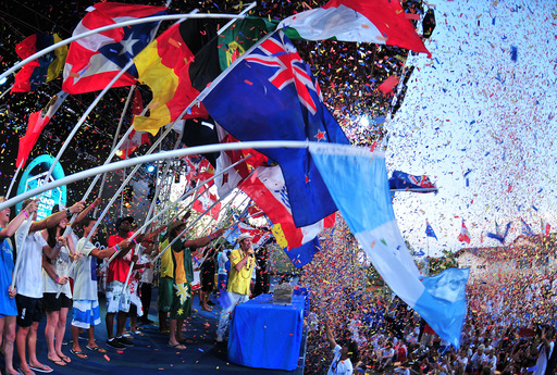 Image from Olympic games of various nations celebrating together