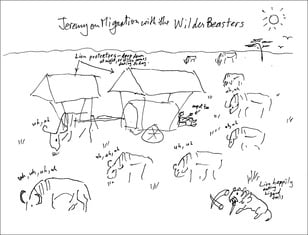 Drawing by Jeremy Griffith of him on migration with the WilderBeasters