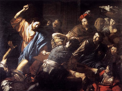 Painting of Christ cleansing the temple by Valentin de Boulogne