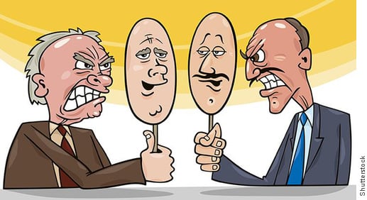 Cartoon showing two angry men hiding their anger behind civil masks