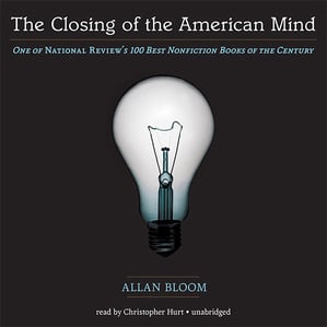 Book cover of ‘The Closing of the American Mind’ with a light bulb on a black background