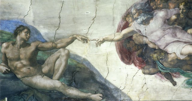 A painting of man and God’s outstetched figers touching in the Sistine Chapel, The Creation of Adam, by Michelangelo.