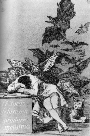 ‘The Sleep of Reason Brings Forth Monsters’ by Goya, with a man slumped in despair on his desk with owls gyring above him.