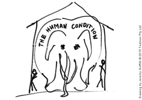 Drawing by Jeremy Griffith of an elephant marked ‘the human condition’ completely filling the living room of a house.