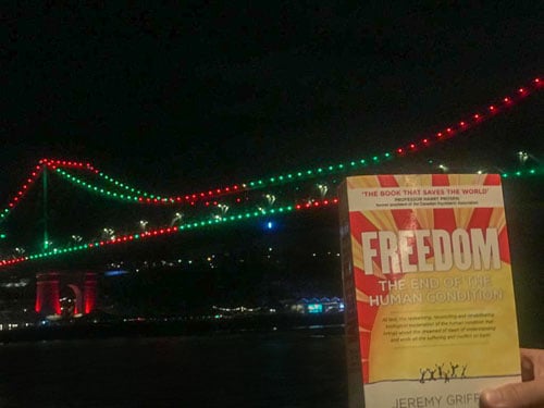 FREEDOM in front of the Brisbane Story Bridge lit up with festive green and red lights