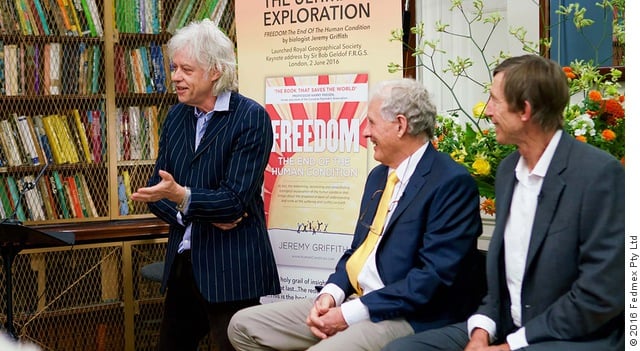 Sir Bob Geldof, author Jeremy Griffith and Tim Macartney-Snape at the launch of ‘FREEDOM’, RGS on 2 June 2016