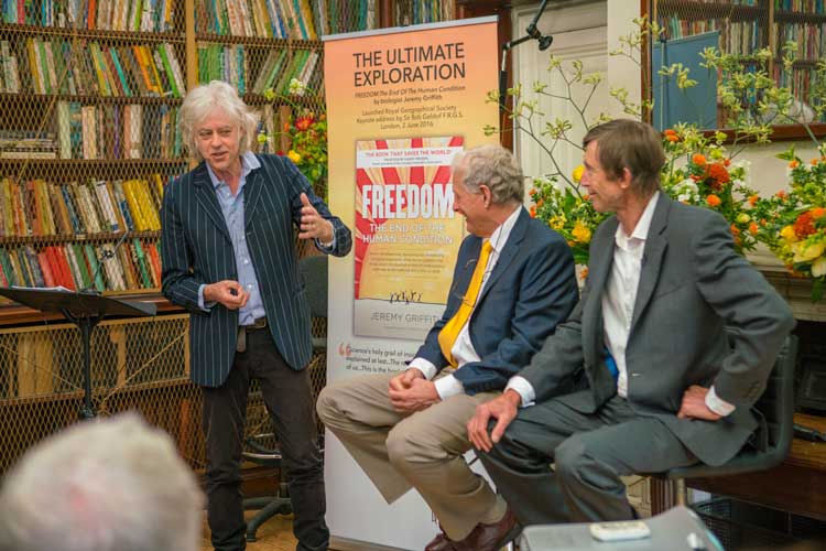 Sir Bob Geldof handing to Jeremy Griffith at the launch of FREEDOM at Royal Geographical Society, London