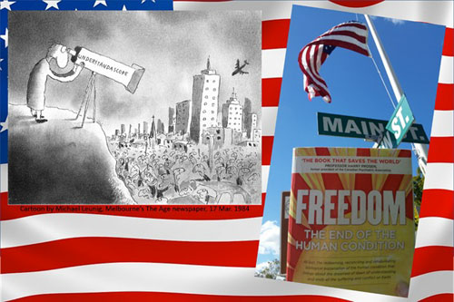 Collage of the book FREEDOM in front of the Main Street Frenchtown street sign and Leunig understandascope cartoon with the American flag in the background