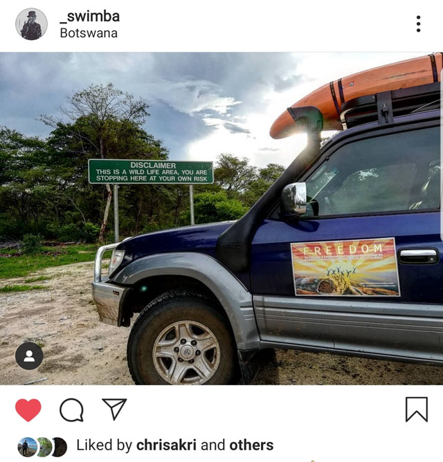 Instagram post of FREEDOM sign-written vehicle in front of sign warning that the area has wildlife