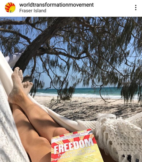 Instagram post of the book FREEDOM on Fraser Island with person in a hammock and beach in the background