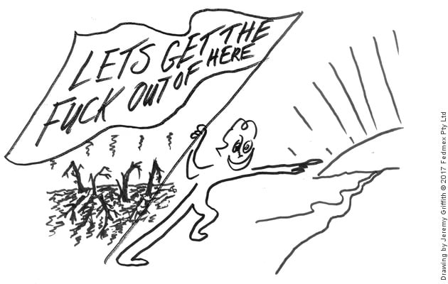 Drawing by Jeremy Griffith of a person holding a flag with the text ‘Let’s get the fuck out of here’ and pointing to a sunrise away from a barren wasteland