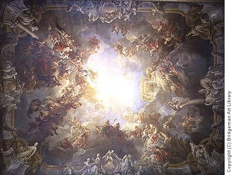 Painting of the gods and goddesses of Olympus gathered in celestial light on the ceiling of a room in the Palace of Versailles