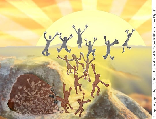 Graphic of humans escaping a dark cave and running towards a glorious sunrise with arms outstretched in joy and celebration