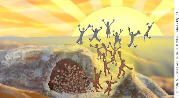 Graphic of humans escaping a dark cave and running towards a glorious sunrise with arms outstretched in joy and celebration