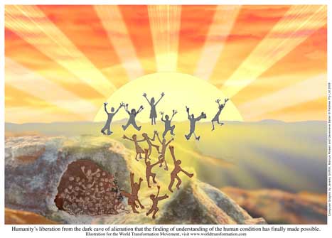 Humanity’s liberation poster with people leaving a cave with arms raised to greet the rising sun