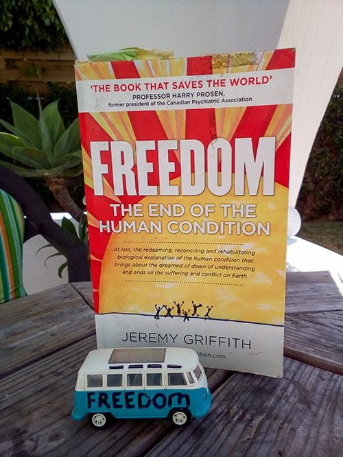 World Transformation Movement Hertfordshire blue FREEDOM toy bus with the book FREEDOM