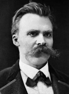 Black and white portrait photograph of German philosopher Friedrich Nietzsche c.1875