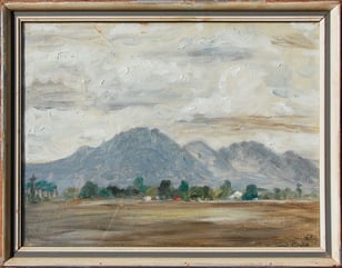 Jeremy Griffith’s oil painting of the You Yangs mountain behind Geelong Grammar School, 1963.
