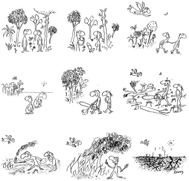 Adam’s retalatory anger and destruction to he and Eve’s banishment from the Garden of Eden, in nine frames by Michael Leunig