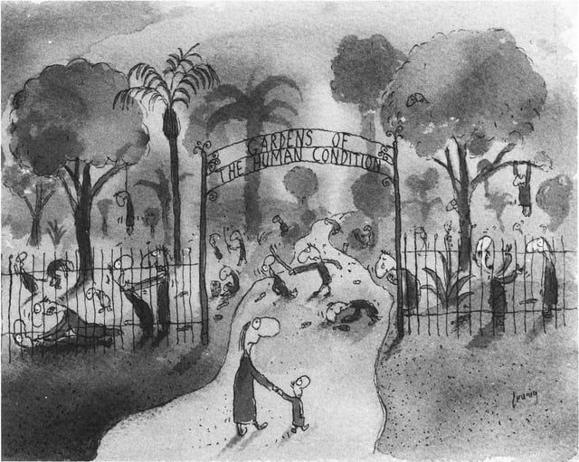 Cartoon by Michael Leunig of a city park that truthfully depicts all the horrors of the human condition