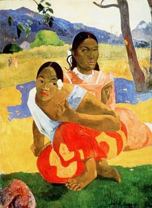 Paul Gauguin’s painting, ‘Will You Marry Me?’, depicting two beautiful Tahitian women sitting outdoors near each other, dressed in vivid colored clothes.