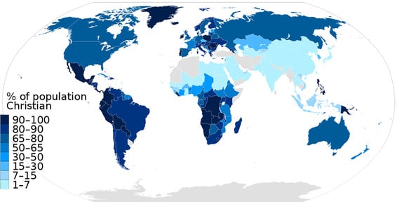 Map showing global population of Christians as at 2012