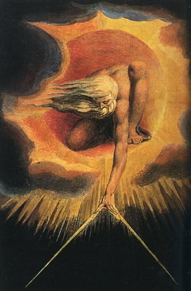 Painting by William Blake depicting God seated in the heavens directing light to earth titled ‘Ancient of Days’