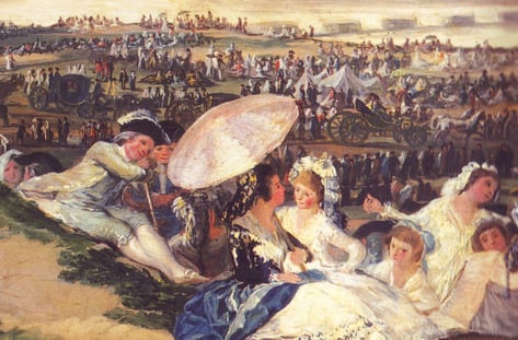 ‘St. Isidro’s Meadow’ by Francisco Goya, 1788, a scene of social pleasure with girls with parasols and men in their finery