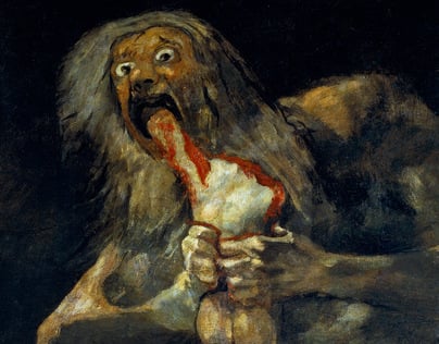 A crazed person clenches an infant having devoured its head in Goya’s gruesom painting of ‘Saturn Devouring His Son’