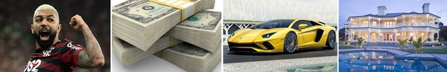 Imagens mostrando: uma equipe esportiva vencedora; uma pilha de dinheiro; um carro esportivo de luxo; e uma casa luxuosa