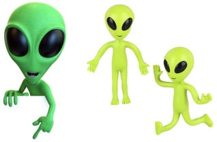 Image of 3 green ‘alien’ toys with neotenous, childlike features of large eyes, snub nose and domed forehead.