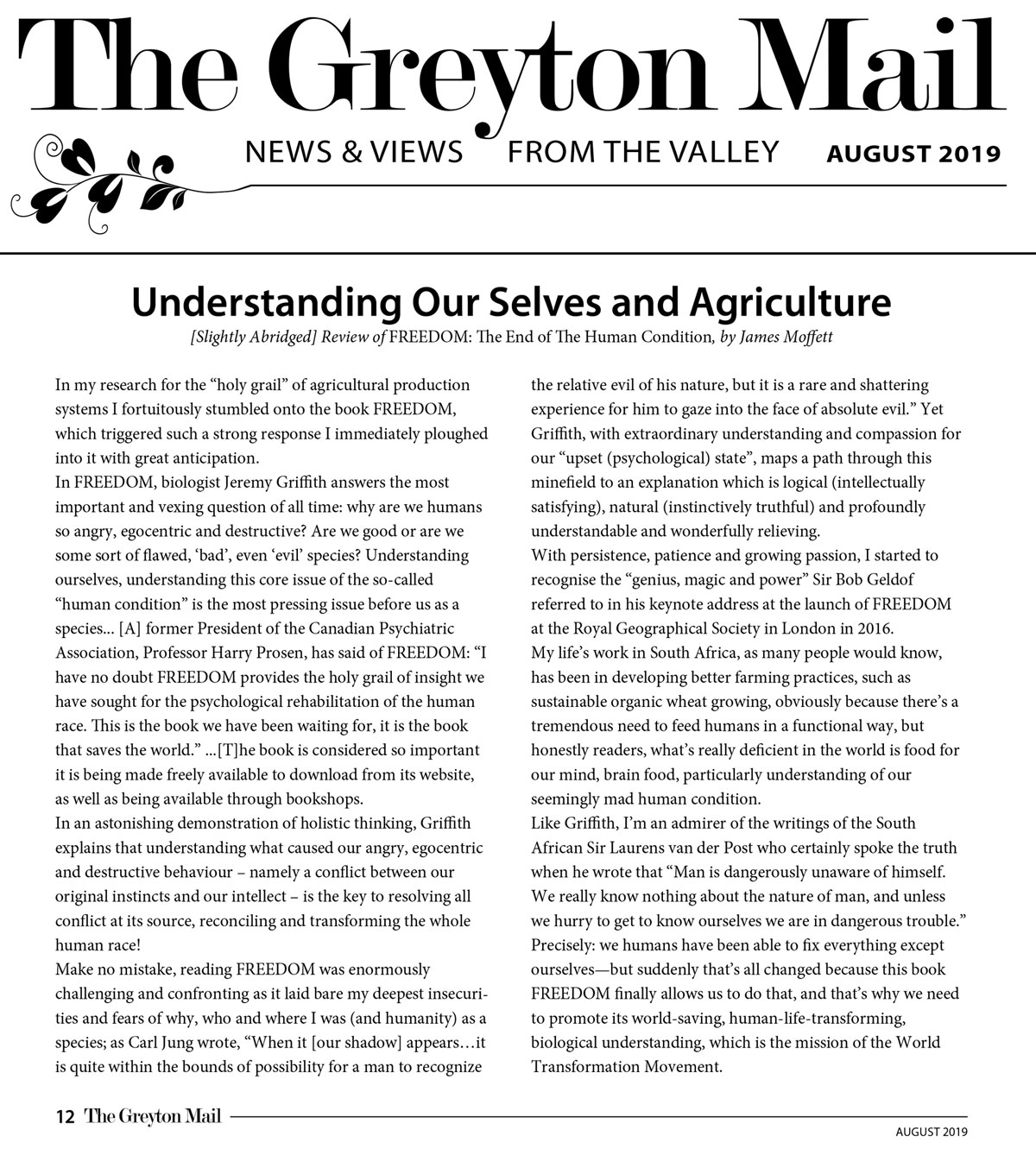 Greyton Mail Review article titled Understanding Our Selves and Agriculture by James Moffett