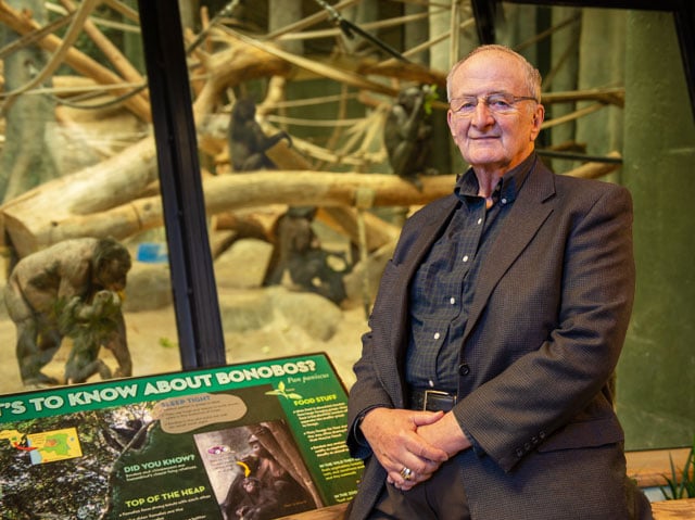 Harry Prosen with bonobos at the Milwaukee County Zoo in 2014