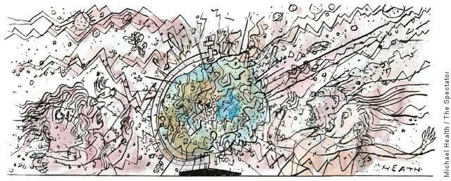 Cartoon of a globe of the earth exploding and fragments radiating out to terrified onlookers. By Michael Heath, The Spectator, April 2024.