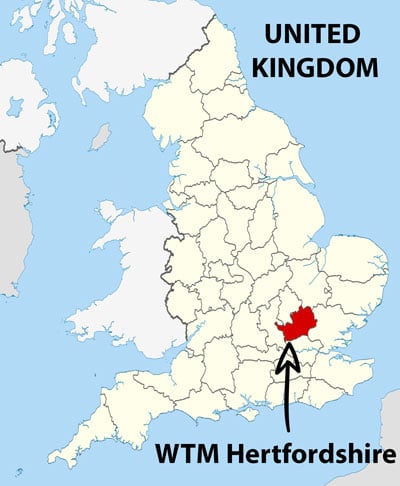 Map of the United Kingdom locating the World Transformation Movement Centre Hertfordshire