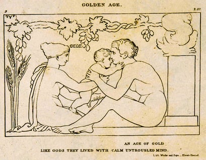 Etching titled ‘Golden Age’ depicting mother and father holding a child with Edenic symbolism and text ‘like gods they lived’