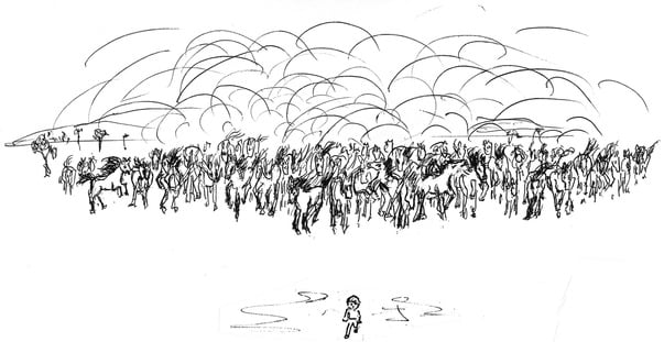 Drawing by Jeremy Griffith of a boy in front of a vast herd of horses
