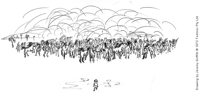 Drawing by Jeremy Griffith of a boy in front of a vast herd of horses