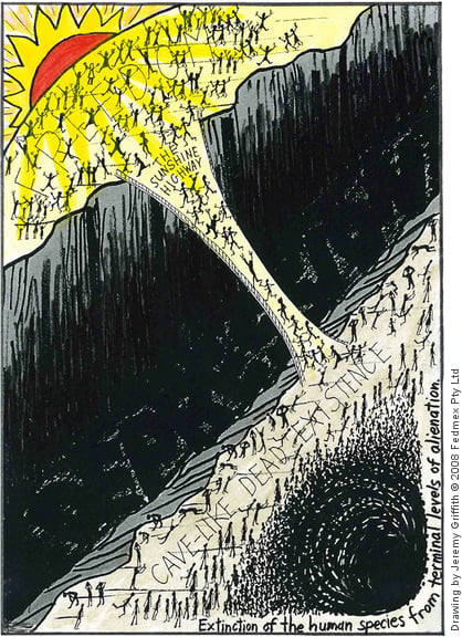 Drawing by Jeremy Griffith depicting humans escaping a 'cave-like dead existence' on a bridge over a chasm to a sunlit land.